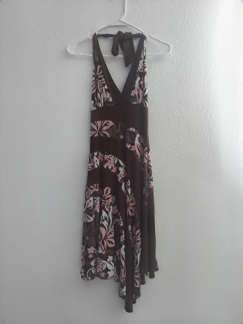Iz Byer Brown Floral Halter Maxi Dress with Pink Accents
